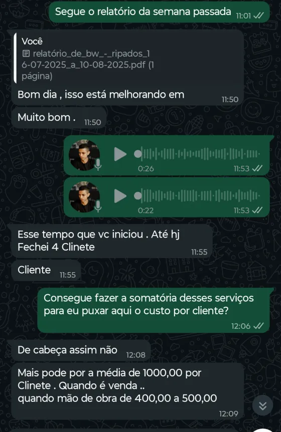 Print de conversa no WhatsApp — BW Ripados · Painéis ripados: 4 clientes fechados desde o início das campanhas, com média de R$ 1.000 por venda.