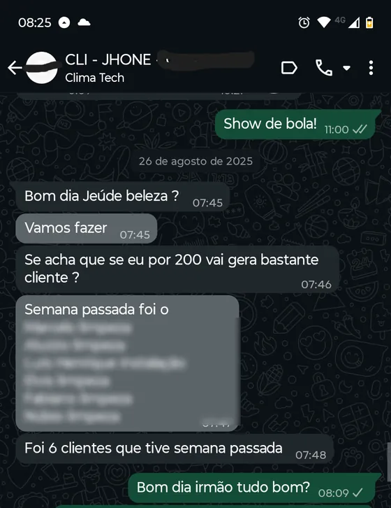 Print de conversa no WhatsApp — Clima Tech · Climatização: 6 clientes atendidos em uma semana, entre limpezas e instalação.