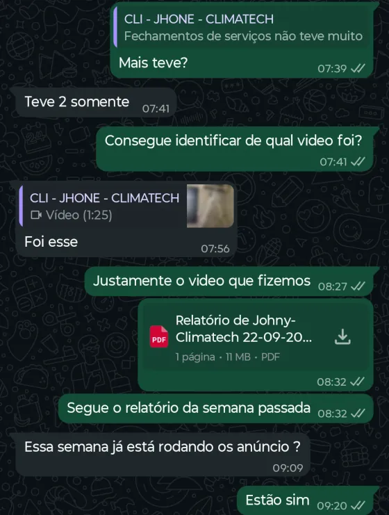Print de conversa no WhatsApp — Clima Tech · Climatização: O cliente identificou o vídeo que gerou os fechamentos — o criativo produzido pela JH Company.