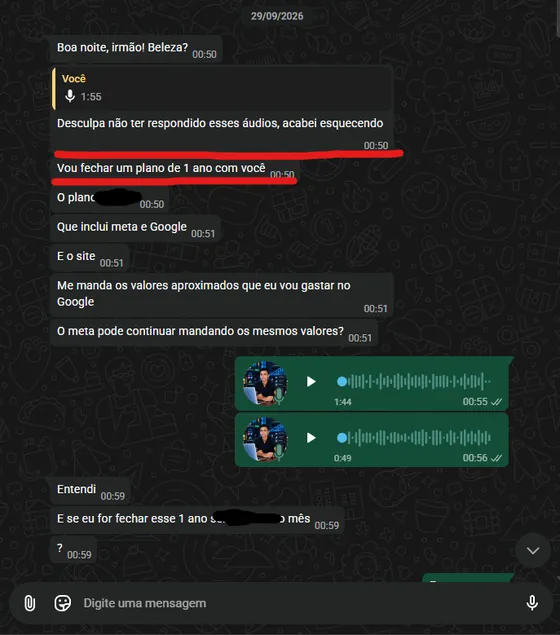 Print de conversa no WhatsApp — Plano anual: Cliente decidiu fechar um plano de 1 ano com Meta Ads, Google Ads e site.