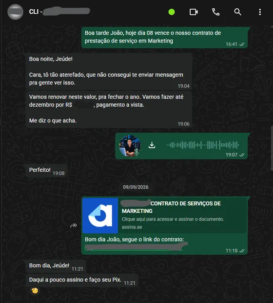 Print de conversa no WhatsApp — Contrato de marketing: Cliente renovou o contrato de marketing para fechar o ano com a JH Company.